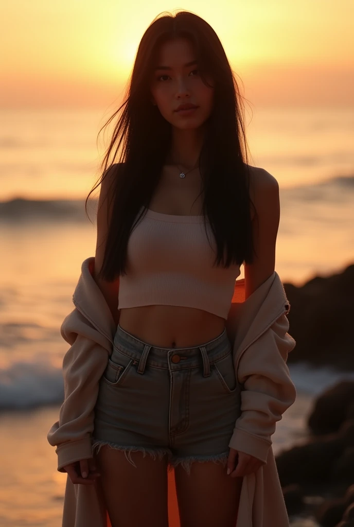 E-girl, twenty-two years old, beautiful girl, Caucasian in appearance, long straight black hair. light smooth skin. Oval shaped face with high cheekbones. . The eyebrows are dark and slightly arched. Lips are full, slender, toned, figure is thin, breasts are small with natural realism, photo for Instagram Photo against the backdrop of the sea in the evening. Use the silhouette effect when a girl stands by the water, sunny summer day, wearing a crop top, high-waisted shorts and a long jacket, full-length photo, natural, light smile, brown color. eyes