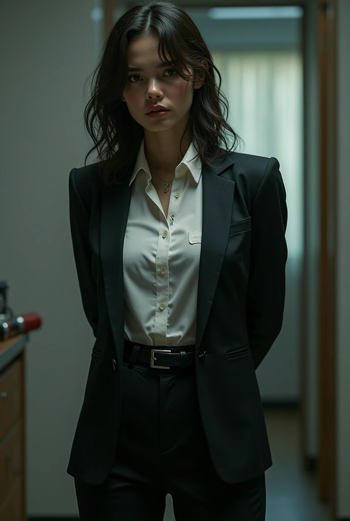 The woman has her hands tied、put your hands behind your back、(((I clasped my hands behind my back)))、a woman in a suit, belt, hands behind back, sweating, suspenders, black pants, sexly, large breasts, see-through clothing,, detective, office worker, white button-up shirt, (best quality,4K,8k,highres,masterpiece:1.2),ultra-detailed,(realistic,photorealistic,photo-realistic:1.37),hyper-detailed,highly detailed face and body, Slender　thin　suspenders　Moderate breasts　See-through shirt　Nipples　holster　chain　Pistol　Armament　criminal　Female criminal　knife　japanese　profile　Japanese women　arrested handcuff　Cable tie on thumb　Constraints
