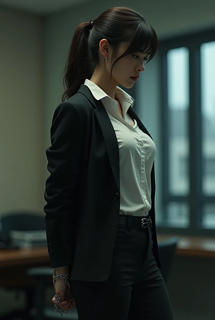 The woman has her hands tied、put your hands behind your back、(((I clasped my hands behind my back)))、a woman in a suit, belt, hands behind back, sweating, suspenders, black pants, sexly, large breasts, see-through clothing,, detective, office worker, white button-up shirt, (best quality,4K,8k,highres,masterpiece:1.2),ultra-detailed,(realistic,photorealistic,photo-realistic:1.37),hyper-detailed,highly detailed face and body, Slender thin suspenders Moderate breasts See-through shirt Nipples holster chain Pistol Armament criminal Female criminal knife japanese profile Japanese women arrested handcuff Cable tie on thumb Constraints