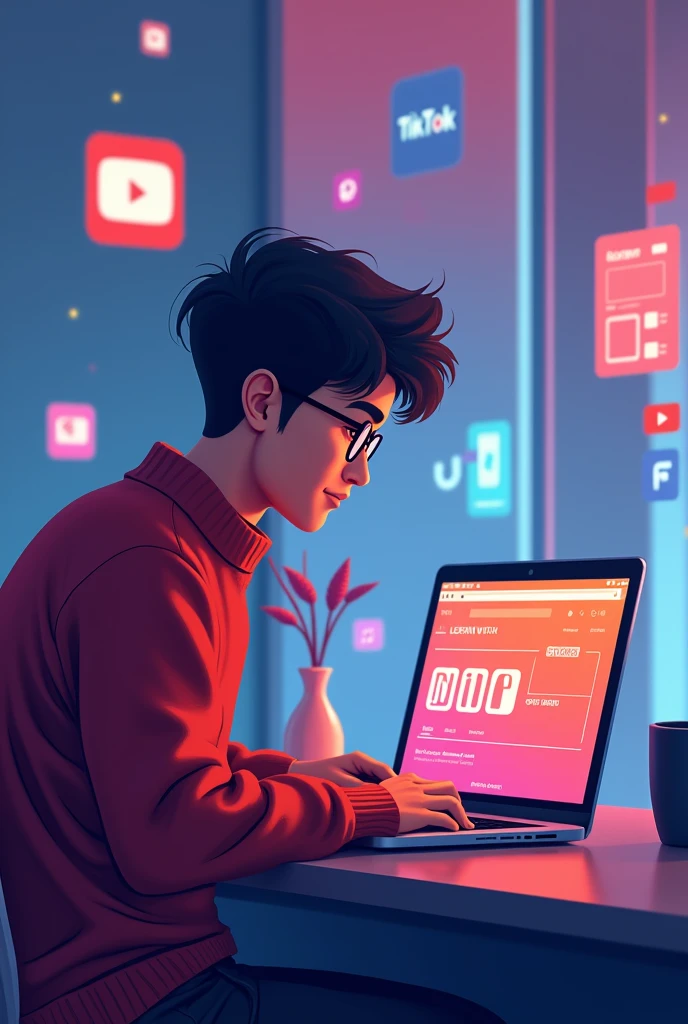 "A digital illustration of a 20-year-old young man with short hair, wearing glasses and a red sweater, sitting at a desk with a laptop facing forward. The young man is looking directly ahead with a focused expression. The background features a blend of colors to create a vibrant and modern look. It includes the logos of YouTube, TikTok, and Facebook scattered throughout. On the screen of the laptop, the text 'Learn with MS' is prominently displayed with a small YouTube logo next to it. The young man and the laptop are facing forward, creating a clear and engaging visual focused on 'Learn with MS' content."