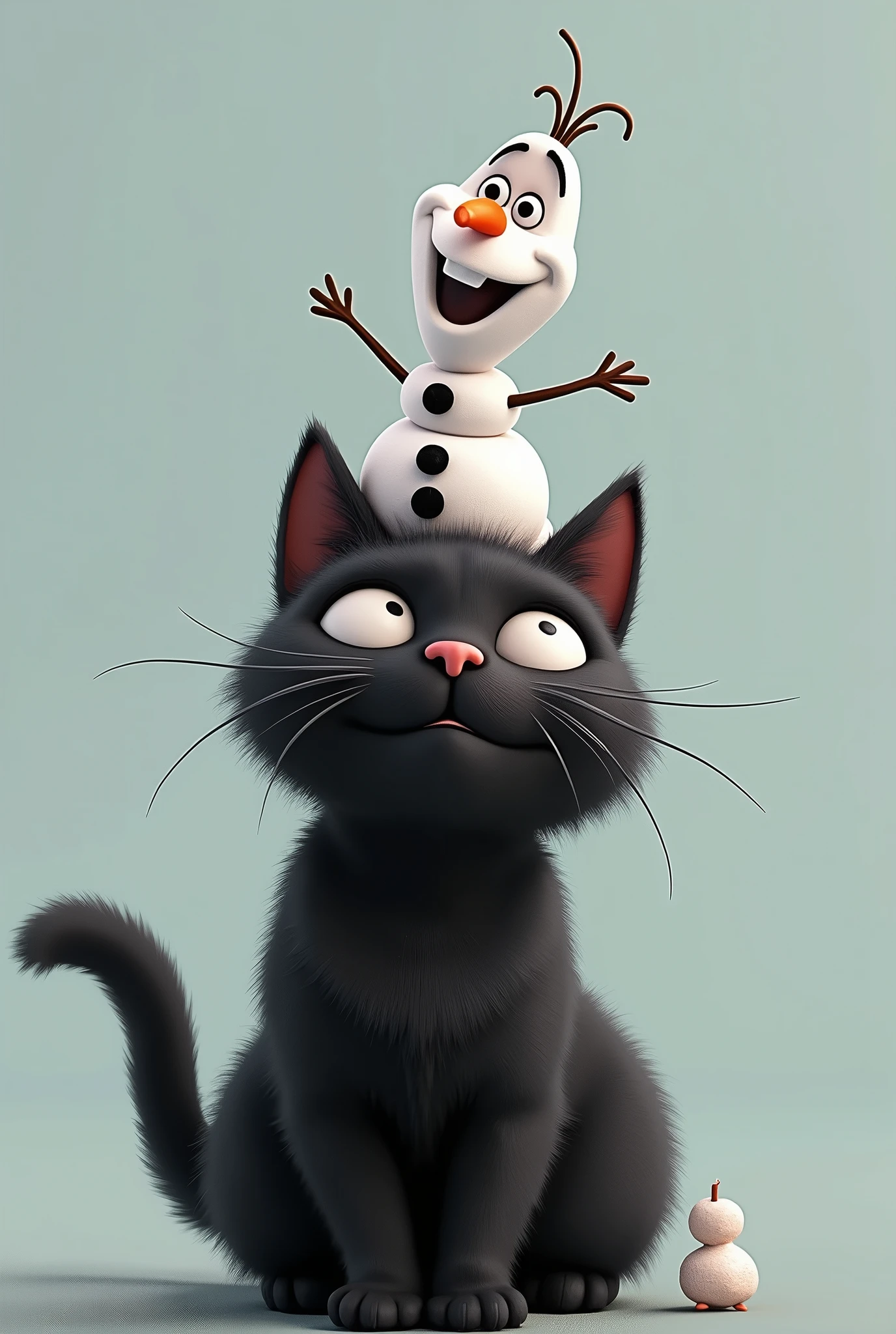 Black Cat with Olaf snowman on its head、cute、Digital Art、photograph、