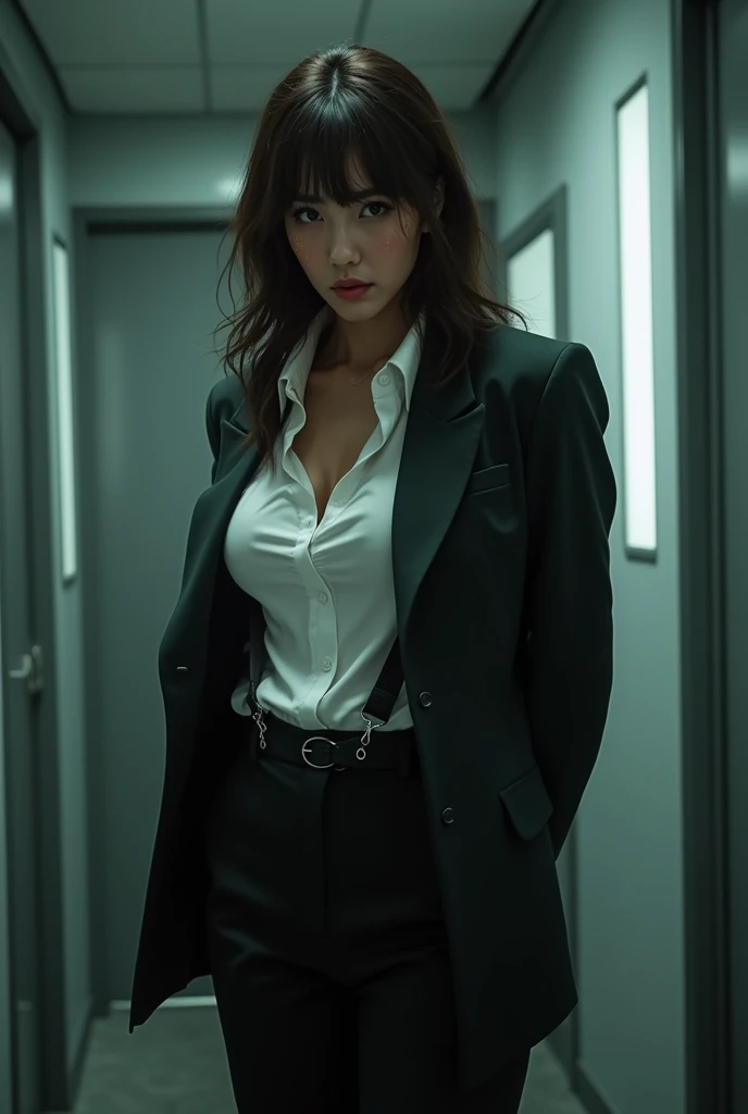 The woman has her hands tied、put your hands behind your back、(((I clasped my hands behind my back)))、a woman in a suit, belt, hands behind back, sweating, suspenders, black pants, sexly, large breasts, see-through clothing,, detective, office worker, white button-up shirt, (best quality,4K,8k,highres,masterpiece:1.2),ultra-detailed,(realistic,photorealistic,photo-realistic:1.37),hyper-detailed,highly detailed face and body, Slender thin suspenders Moderate breasts See-through shirt Nipples holster chain Pistol Armament criminal Female criminal knife japanese profile Japanese women arrested handcuff Cable tie on thumb Constraints