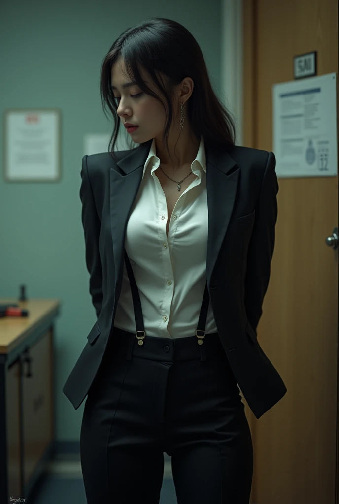 The woman has her hands tied、put your hands behind your back、(((I clasped my hands behind my back)))、a woman in a suit, belt, hands behind back, sweating, suspenders, black pants, sexly, large breasts, see-through clothing,, detective, office worker, white button-up shirt, (best quality,4K,8k,highres,masterpiece:1.2),ultra-detailed,(realistic,photorealistic,photo-realistic:1.37),hyper-detailed,highly detailed face and body, Slender thin suspenders Moderate breasts See-through shirt Nipples holster chain Pistol Armament criminal Female criminal knife japanese profile Japanese women arrested handcuff Cable tie on thumb Constraints