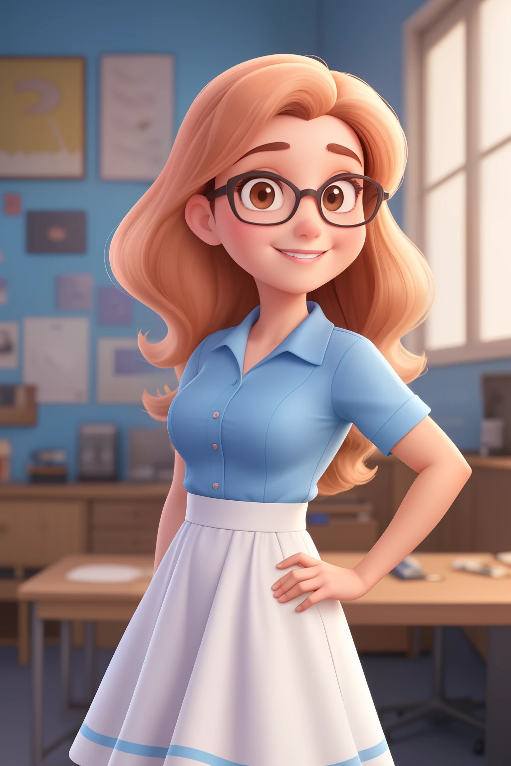 Draw pixar or Disney style A 2 woman, fair skin with long dark brown hair , Round face, charmer smile, and brown eyes, in a light blue room, studio lighting, Production Engineering Student . She is wearing a light-colored pinup dress., has a thin waist and full breasts, wears black-framed glasses with clear lenses