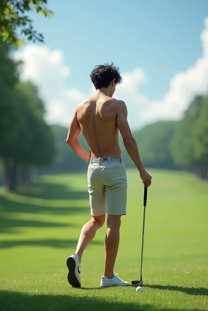 Real photo style、Realistic、Cute handsome man、Idol face、、Japanese、Slim body、Mash Hair、Completely naked、Full nudity、Back view of a man playing golf on the golf course