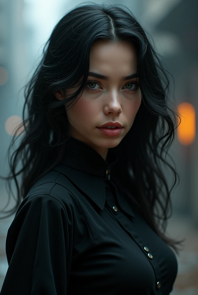 Young girl of 24 with black wavy hair , big and short, light skin with raven&#39;s powers and klaus&#39; style from umbrella academy , medium height and powerful appearance