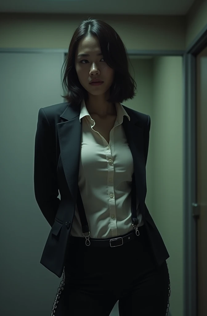 The woman has her hands tied、put your hands behind your back、(((I clasped my hands behind my back)))、a woman in a suit, belt, hands behind back, sweating, suspenders, black pants, sexly, large breasts, see-through clothing,, detective, office worker, white button-up shirt, (best quality,4K,8k,highres,masterpiece:1.2),ultra-detailed,(realistic,photorealistic,photo-realistic:1.37),hyper-detailed,highly detailed face and body, Slender thin suspenders Moderate breasts See-through shirt Nipples holster chain Pistol Armament criminal Female criminal knife japanese profile Japanese women arrested handcuff Cable tie on thumb Constraints