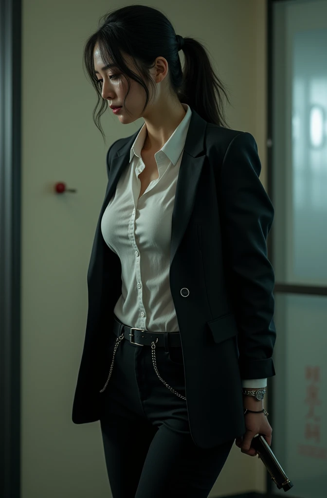 The woman has her hands tied、put your hands behind your back、(((I clasped my hands behind my back)))、a woman in a suit, belt, hands behind back, sweating, suspenders, black pants, sexly, large breasts, see-through clothing,, detective, office worker, white button-up shirt, (best quality,4K,8k,highres,masterpiece:1.2),ultra-detailed,(realistic,photorealistic,photo-realistic:1.37),hyper-detailed,highly detailed face and body, Slender　thin　suspenders　Moderate breasts　See-through shirt　Nipples　holster　chain　Pistol　Armament　criminal　Female criminal　knife　japanese　profile　Japanese women　arrested handcuff　Cable tie on thumb　Constraints
