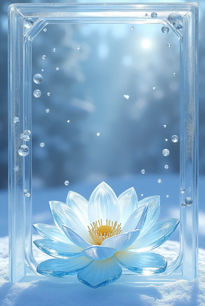 Ice themed card frame with diamonds and very Lotus design made of ice on two diagonally opposite sides of frame and ice patterns and designs transparent no background