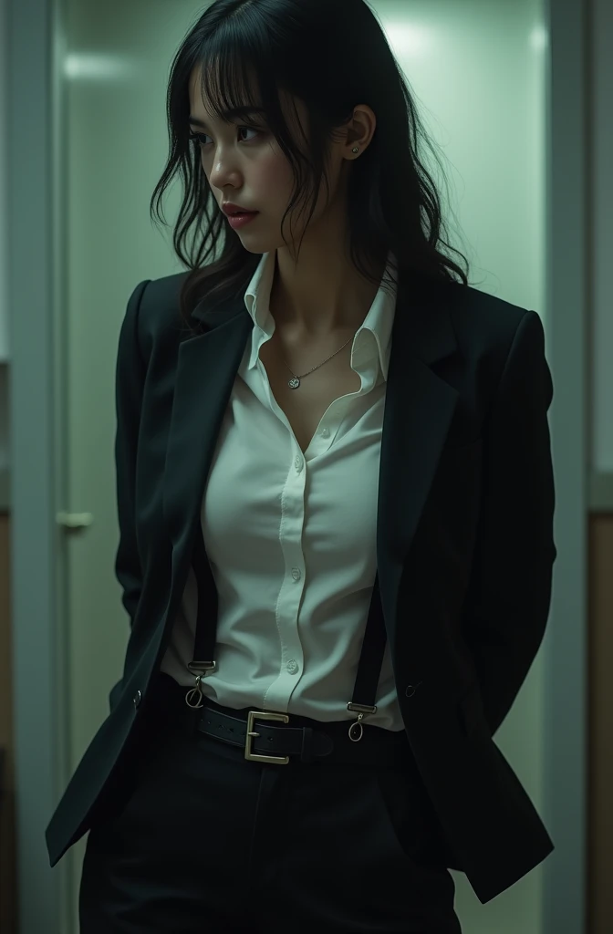The woman has her hands tied、put your hands behind your back、(((I clasped my hands behind my back)))、a woman in a suit, belt, hands behind back, sweating, suspenders, black pants, sexly, large breasts, see-through clothing,, detective, office worker, white button-up shirt, (best quality,4K,8k,highres,masterpiece:1.2),ultra-detailed,(realistic,photorealistic,photo-realistic:1.37),hyper-detailed,highly detailed face and body, Slender thin suspenders Moderate breasts See-through shirt Nipples holster chain Pistol Armament criminal Female criminal knife japanese profile Japanese women arrested handcuff Cable tie on thumb Constraints