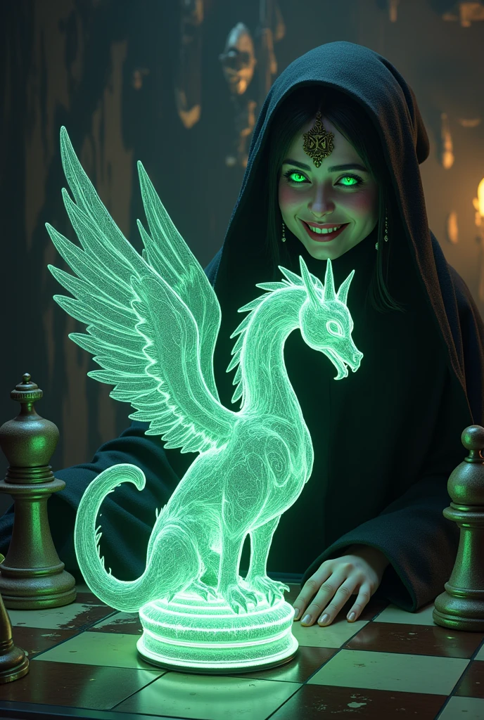 Griffon-themed chess、Detailed, luminous griffin-shaped piece、A pale-faced adult witch wearing lots of accessories smiles、Green eyes that glow a little、In the witch&#39;s dark room、Ultra-high definition drawing、Many sorcery items hang in the background