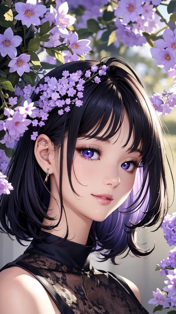 masterpiece、Highest quality、High resolution、High-quality images、8k, 1 female、Skin Radiance、Texture of skin and clothing、Expression of fine eyes、realism, detailed manga style, Manga art style, Perfect line drawing, Beautiful line art, digital manga art girl, Fuller lips, Gorgeous face with attention to detail, (smile), charm, Innocent, Side view, (Perfectly detailed face), (Beautiful Hands) Photorealistic images, Written boundary depth,evening、Adult female、I cut my bangs、Purple navy blue hair、Curly Hair、Black clothes、Amethyst Eyes
