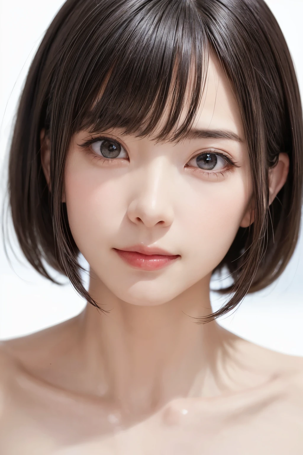 ((masterpiece, Highest quality, High resolution、Realisticですべてが美しく詳細に描かれている)), 1 person, (Realistic: 1.4), alone, White Background, snow-White Background, Mouth closed, smile, smile, Beautiful black hair, short hair, Big eyes, Transparent double eyelids, eyelash, Listen carefully, Long neck, 美しくLong neck, Absolute area, ((Face close-up)), (Draw the whole head, shoulder), 1, Attractive proportions, Glowing Skin, Beautiful clavicle, Golden ratio face, Perfect Face, Teardrop-shaped mole, chestのほくろ, bangs, clean bangs, beautiful bangs, Lip gloss, Thin lips, Fair skin, naked, Big Breasts, {Huge|big|Hugeな|Mega} chest:2, chestの谷間:2,chestの谷間を見せる、Small face, Small face, All the heads are painted, shoulder all drawn, Point slightly above the camera