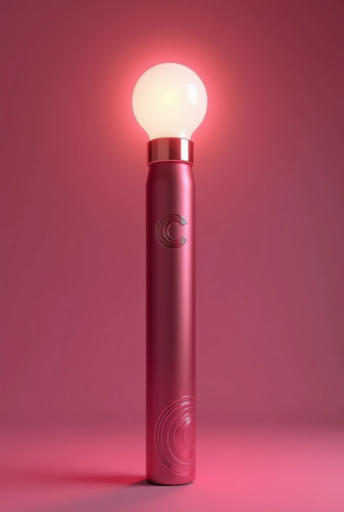 Give a full look design of a fans lightstick featuring cherry on color, classy look, lightbulb like on top, 'C' as a logo but make it classy expensive not cute