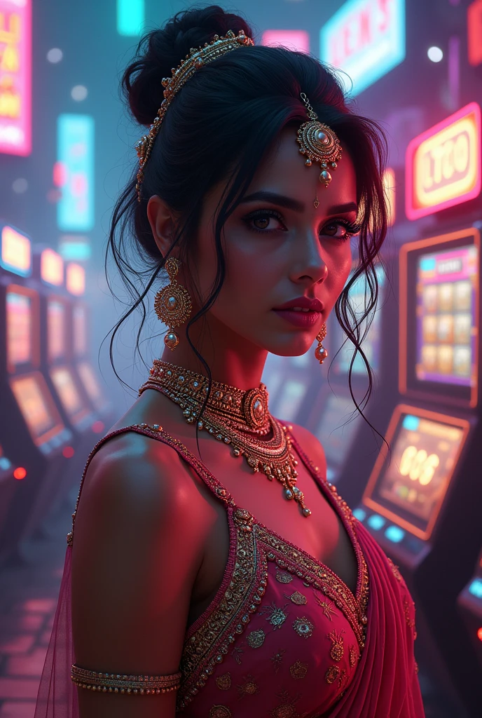 Indian Beauty,money,Electronic games,777,fruit machine,,, Cyberpunk Background,Film visual style,