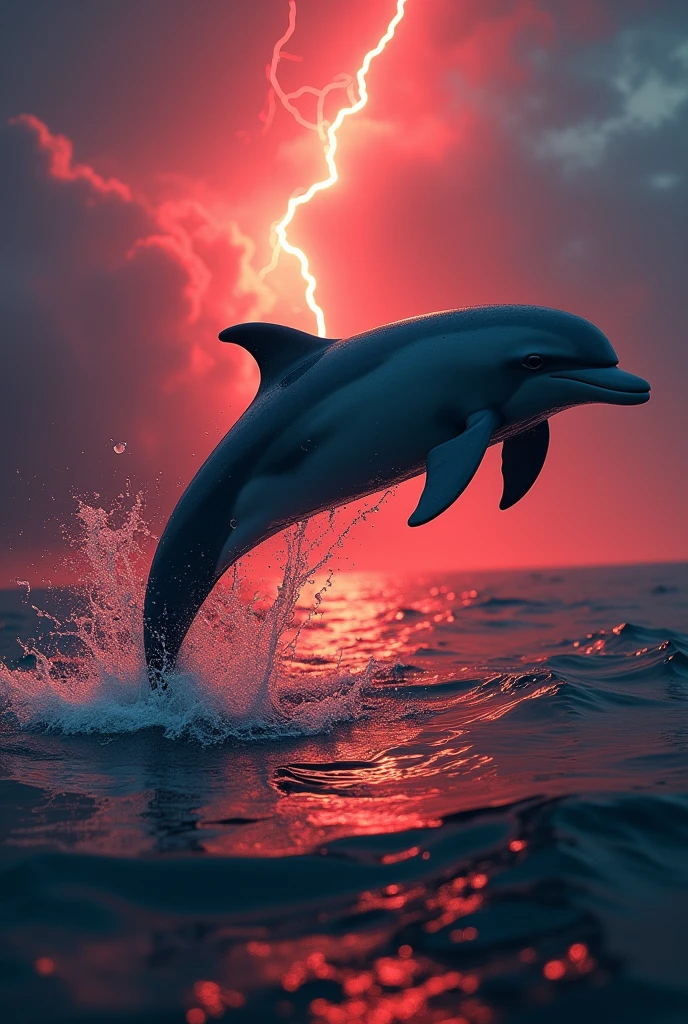 ultra-detailed, realistic, 4k, masterpiece:1.2, highres, vivid colors, bokeh, professional, HDR, sharp focus, 
ultra-fine painting, physically-based rendering, A haunting masterpiece, of unparalleled quality, showcasing a Dolphin jumping from the surface of the ocean, there is a storm in the background, 1 single bolt of lightning, a red haze and puffy sunset clouds,
