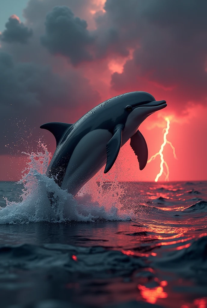 ultra-detailed, realistic, 4k, masterpiece:1.2, highres, vivid colors, bokeh, professional, HDR, sharp focus, 
ultra-fine painting, physically-based rendering, A haunting masterpiece, of unparalleled quality, showcasing a Dolphin jumping from the surface of the ocean, there is a storm in the background, 1 single bolt of lightning, a red haze and puffy sunset clouds,
