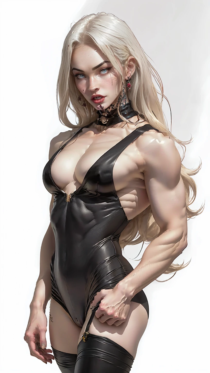 (megan fox), Lady Death, female bodybuilder physique, seductive face, seductive look, (black silk leotard & thigh highs), long white hair, perfect muscular body, long thin legs, white eyes & skin, muscular bulging pecs, (huge muscular shoulders:1.45), (torso shot), (blank background:1.25), MeganF_SoloTI_v1