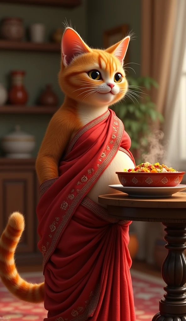 A humanoid havana pregnant red cat wearing red saree preparing a warm