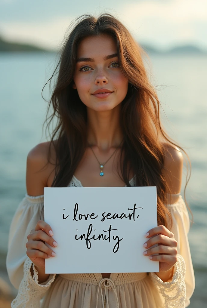 Beautiful girl with wavy long hair, bohemian dress, holding a white board with text "I Love Seaart Infinity" and showing it to the viewer