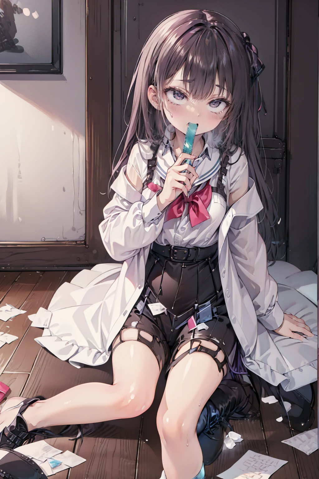 ,(Highest quality,4K,High resolution,masterpiece:1.2),Very detailed,Crumpled used tissues scattered on the floor,Oil is dripping from the ceiling onto the girl,Matt&#39;s place々It is very dirty and discolored.,Please give me lots of used crumpled tissue paper.,Used tissues on the mat,A shiny pink rubber can,Multiple cans of shiny pink food,Several rubber toys,,The whole body is covered in oilで光沢感がある　とてもbeautiful girl　ベッドに横たわるbeautiful girl　Your breasts are too big　Very large breasts　Dynamic pose　Yogurt sauce spilled on the ground　Used tissue paper on the ground,　 Crumpled used tissue paper, Used tissue paper on the ground,　Excessive sweating on the face,Dripping sweat,Sit on the bed,　Dirty duvet　Very old thick mat ,Gymnasium Warehouse,Very old floorboards、Very dirty and old room,　There are a lot of used tissues on the floor ,　Crumpled used garbage is scattered all over the place.....,　 A room cluttered with used tissue paper,　I am going to cry　Embarrassing　Used, wrinkled tissue rolls are scattered around　Wearing a sailor uniform　Very cute pleated skirt　Cute, tight-fitting pink shorts　　Illustration Style　Anime Style　wide lips　beautiful girl　Very cute clothes　Cheeks pink　Light purple hair　Blonde long hair　super curly hair　Super long sideburns　Rubber clothing　hair band　Pearl white silk tights that become transparent when wet　White super long boots　Big eyes　Droopy eyes　Shocking Pink Rouge　Sweating profusely　　Crushed used tissue paper　The whole body is wet from rain　Steam coming out of the whole body　Steam rises across the screen.　white breath　Haa　The whole body is covered in oil　evening　Orange background　Very orange screen　Sunset sunshine　The whole body is covered in oilで光沢感がある　Tear used tissue paper into small pieces,　 Crumpled tissue paper, Torn tissue paper scattered on the ground,　Excessive sweating on the face,Dripping sweat,汚れたSit on the bed,　Dirty bedding　
