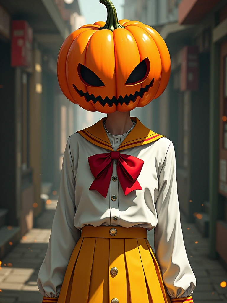 NAOKO manhwa chatacter from pumpkin night,naoko is a girl with pumpkin hallowen as her head,the pumpkin have big red ribbon,naoko wearing unifrom , with white color,and yellow skirt,naoko have savage and creepy vibes,beautiful art,high quality,masterpiece