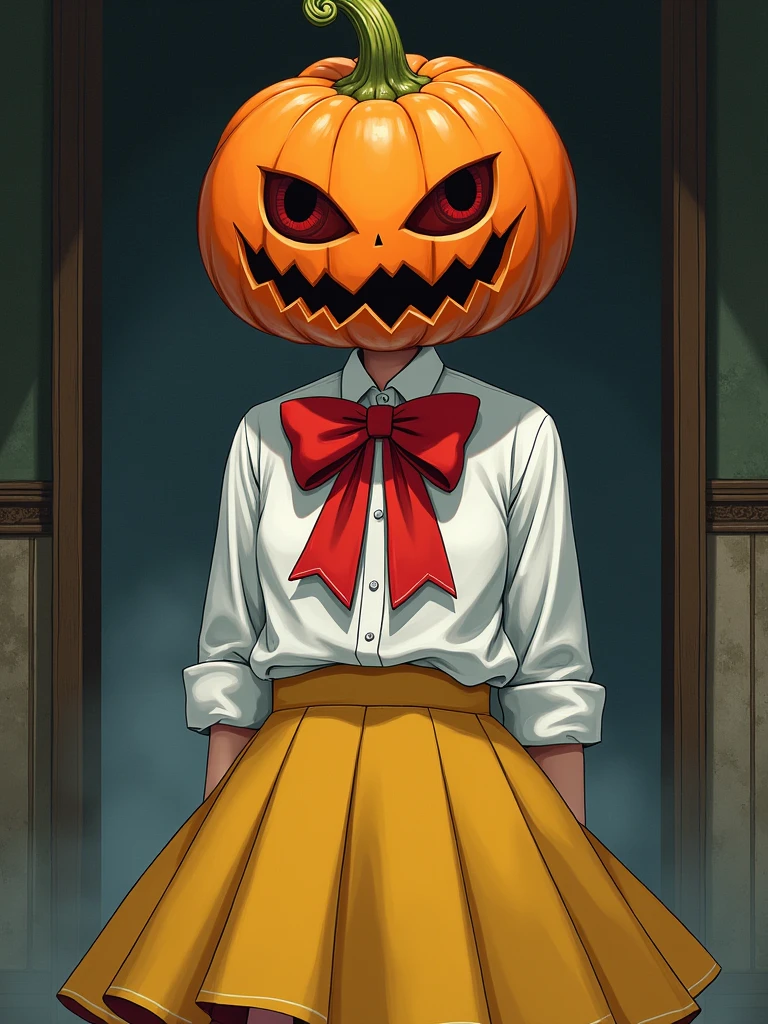 NAOKO manhwa chatacter from pumpkin night,naoko is a girl with pumpkin hallowen as her head,the pumpkin have big red ribbon,naoko wearing unifrom , with white color,and yellow skirt,naoko have savage and creepy vibes,beautiful art,high quality,masterpiece