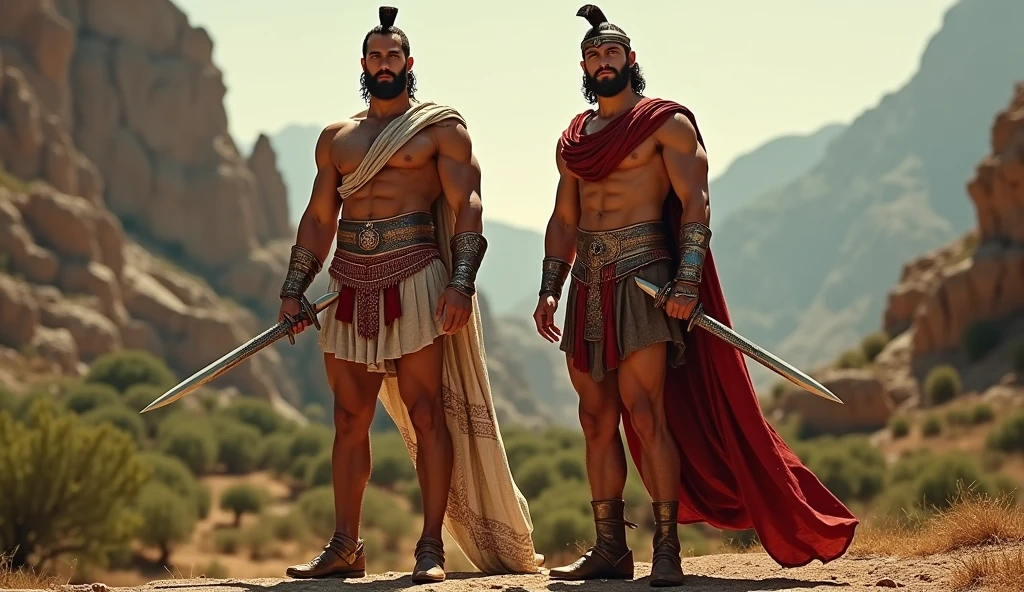 generate an image of twin greek man who are great warrior appropriately curvy renaissance cinematic