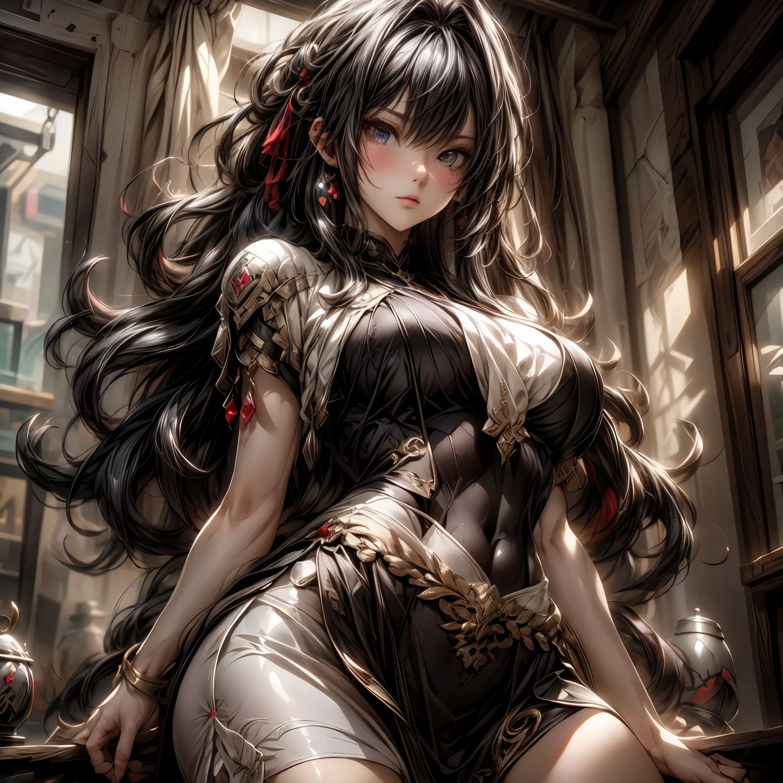 (best quality)), ((Masterpiece)), (details:1.4), 3d, HDR (high dynamic range), an image of a beautiful cyberpunk female, fantasy, medieval, Cyberpunk, Red hair, Curtain Bangs, Beautiful White eyes, จมูกโด่ง, ปากแดง, หน้าอกใหญ่, nvidia RTX, PBR surface, After processing, Anisotropic filtration,depth of field, Maximum clarity and clarity, multi-layered surface, Subsurface scattering, perfect proportions, 8K raw files, ultra detailed, Perfect proportions, volumetric lighting, soft lighting, Holy Paldin, Heavy Golden Armor, black dress, intricate Silver embroidery, glossy skin, Bed room Background, jewely, ต่างหู, mini white skirt,