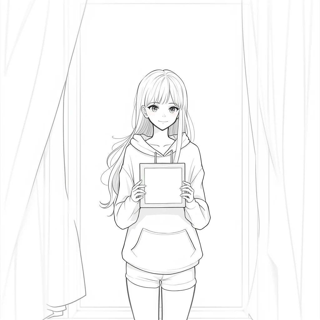 A girl wearing a comfortable oversized hoodie, with her long hair, she is standing by her window that has curtains, holding a writing board in her hands, smile on her face, high quality image, black and white line art image,