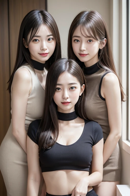 (Three Girls, 3 cute girls:1.5)、Tabletop, Highest quality, Photorealistic, finely, High resolution, 8k wallpaper, Perfect dynamic composition, finelyて美しい目, Medium Hair, Big and ample breasts, Random sexy poses,Chest to chest、(Mock neck crop tank with open neckline。In a large khaki knit、The valley is clearly visible。)、(Breast Swelling 1.2)、Laughter、Open your mouth、2、(Droopy Eyes 1.4)、Adult Beauty、Perfect body,(lie:1.3),