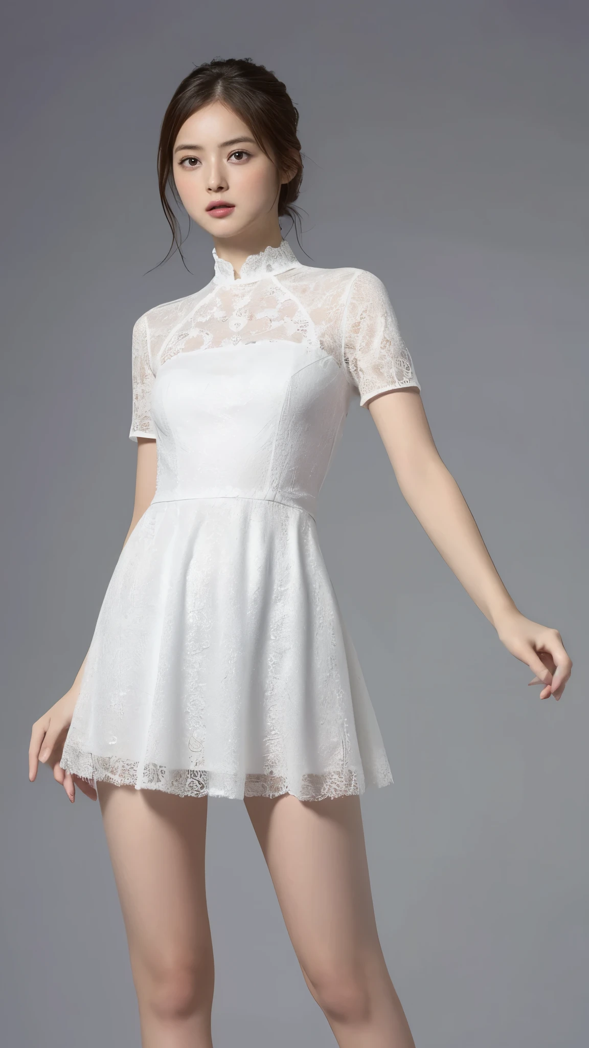 Highest quality,masterpiece,Ultra-high resolution,(Actual:1.4),Original photo,Ultra-high resolution,8K,There are also women,Fair skin、Transparent short-sleeved one-piece white dress ,long length skirts.
Long legs:1.5,Bright and beautiful,high waist,Flashy makeup,Gray background,