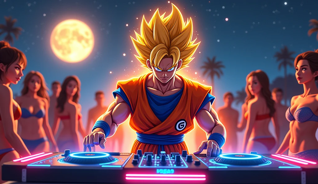 Goku, in his Super Saiyan form, is the DJ at an outdoor party, mixing music with a futuristic sound system. The scene is filled with neon lights and special energy effects. Surrounding him are several beautiful women dressed in modern, stylish outfits, dancing and enjoying the music. The atmosphere is vibrant and full of energy, with Goku smiling as he pumps up the party with his power and charisma. The background features a starry night sky and a bright full moon.