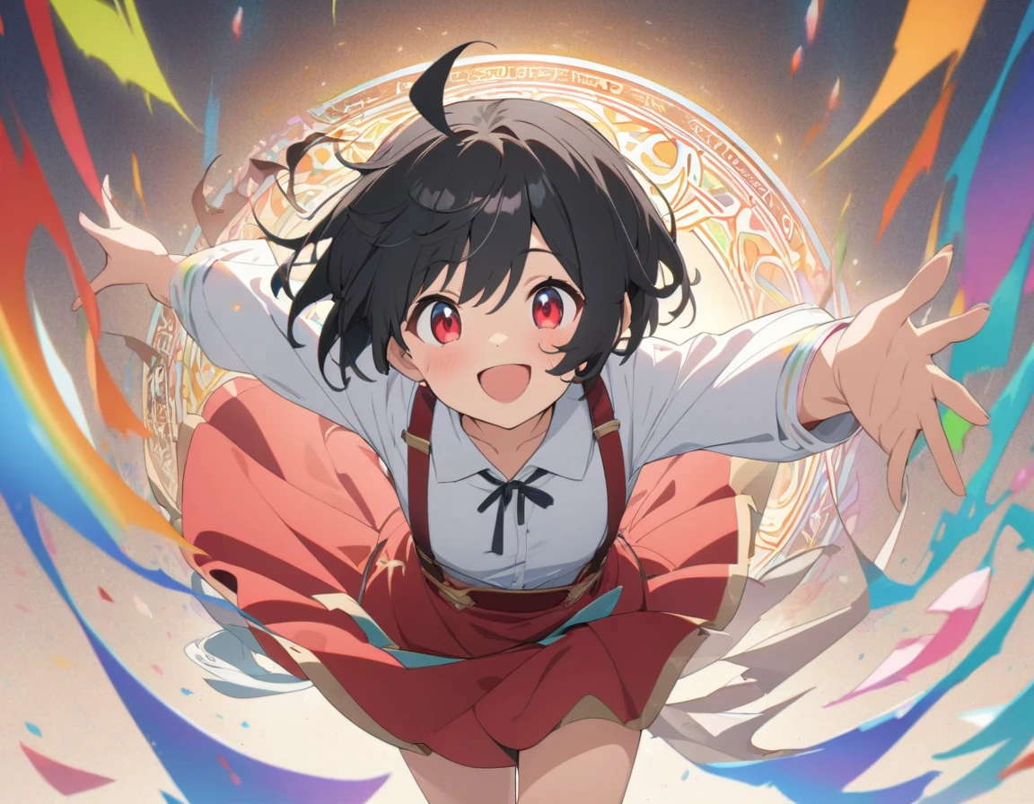 Magical girl transforming、The clothes shine with rainbow colors、The background is a magic circle of Sanskrit characters.、anime、anime塗り、cute、Masterpiece、超Masterpiece、Detailed depiction、smile、Bobcut、Black Hair、Red Eye、Ahoge、Disheveled Hair、White shirt、Red skirt with suspenders