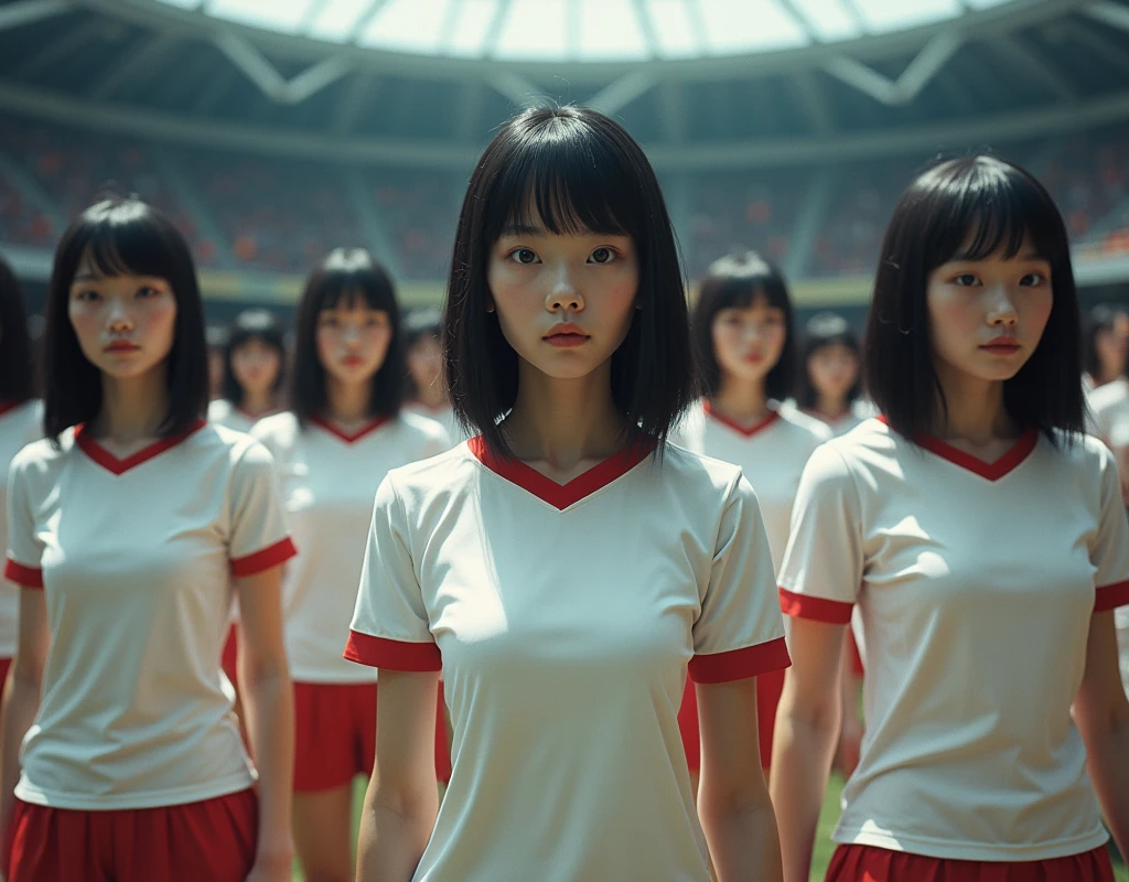 (No need for a center subject in the foreground), (Japanese Clone-girls=Myself), (Super Best masterpiece Clone-girls Raw Photography Art), (16K, Highest quality, Ultra-high resolution, RAW Photos), (It&#39;s so unrealistic., With unparalleled depiction, With an unfathomable sight, An unprecedented and shocking worldview, Clone-girls: In a world of mass reproduction, Ultra-realistic depiction), (Japanese Girls, Hamabe-Minami, 16yo), (Small face, Thick black hair, Short Hair, Dark Eyes, Mature face, Cute Smile), (Serious expression), (Very beautiful and detailed girl, Accurate body structure, Accurate body movements, Very detailed body), (Super big breasts, Large bulge of ample breasts), (Replica soccer uniforms, Emphasise the fullness of your breasts), (Very detailed, Myself cloning, Depiction of splitting oneself, 1Myself girl→1,000,000,000,000,000,000,000,000,000,000Myself cloning girls), (Myself clone girlsは, With the same perfect appearance, to multiply in large numbers), (Very detailed depiction, Myself&#39;s multiplying female body, In the same female body,With the same face, With the same hairstyle, In the same clothes, At the same height, 同じSuper big breastsで, A completely indistinguishable female body, 1,000,000,000,000,000,000,000,000,000,000 people), (Myself girls only), (1,000,000,000,000,000,000,000,000,000,000Myself girls), At a large soccer stadium, In a packed auditorium, MyselfFootball supporter, Myself Supporters, The whole audience is Myself, Very detailed and enthusiastic depiction of body movements