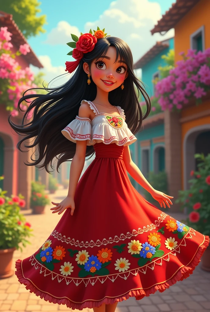 Animeted girl wearing a folk Mexican dress 