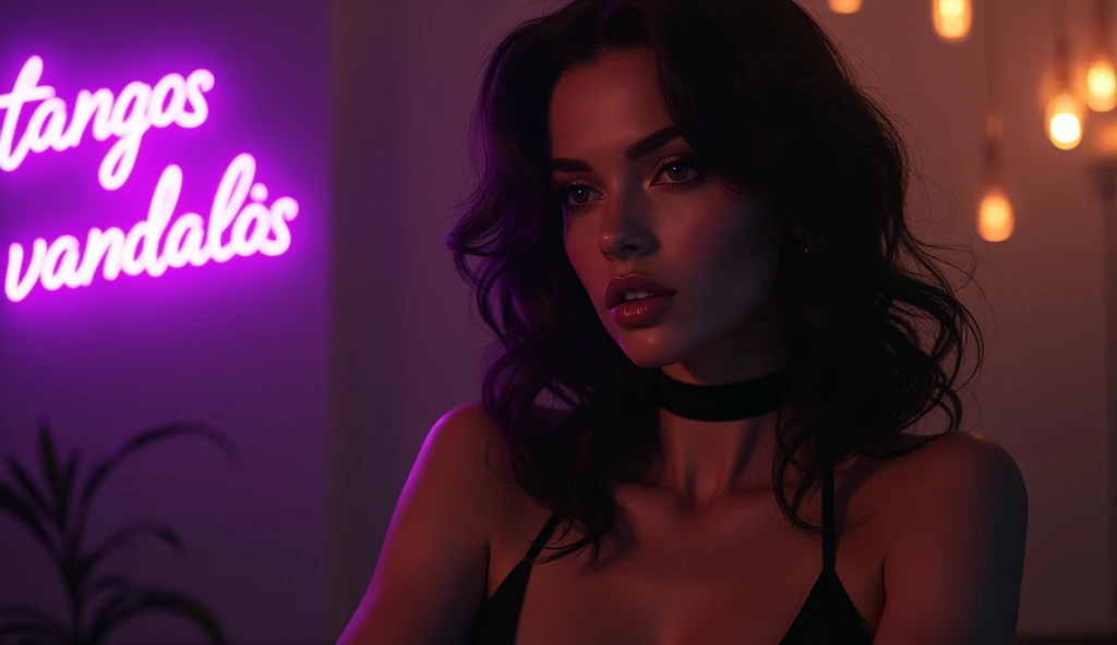 Very sexy woman, wavy black hair, very sensual face, sexy clothes with black ribbon necklace on her neck, listening to music, with lights in the background and a purple sign that says the text in Spanish "TANG0S VANDAL0S"