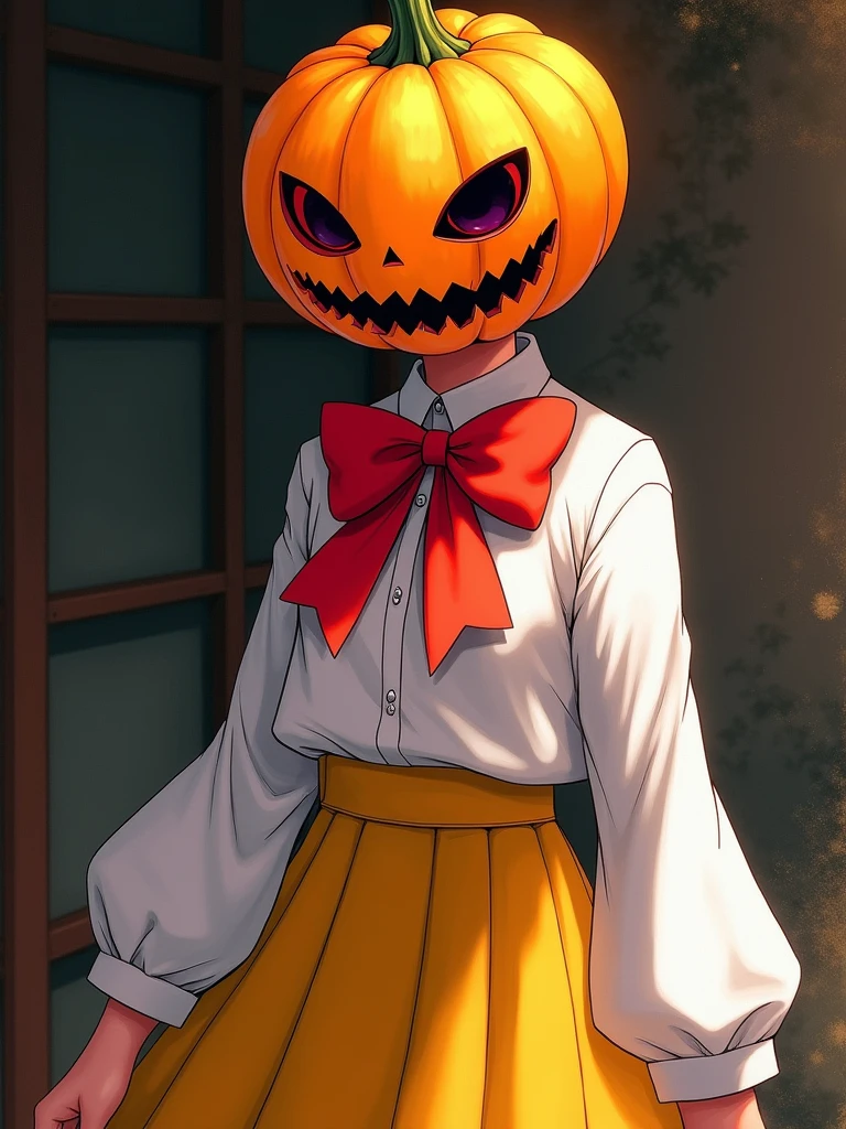 NAOKO manhwa chatacter from pumpkin night,naoko is a girl with pumpkin hallowen as her head,the pumpkin have big red ribbon,naoko wearing unifrom , with white color,and yellow skirt,naoko have savage and creepy vibes,beautiful art,high quality,masterpiece