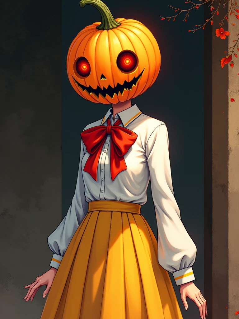 NAOKO manhwa chatacter from pumpkin night,naoko is a girl with pumpkin hallowen as her head,the pumpkin have big red ribbon,naoko wearing unifrom , with white color,and yellow skirt,naoko have savage and creepy vibes,beautiful art,high quality,masterpiece