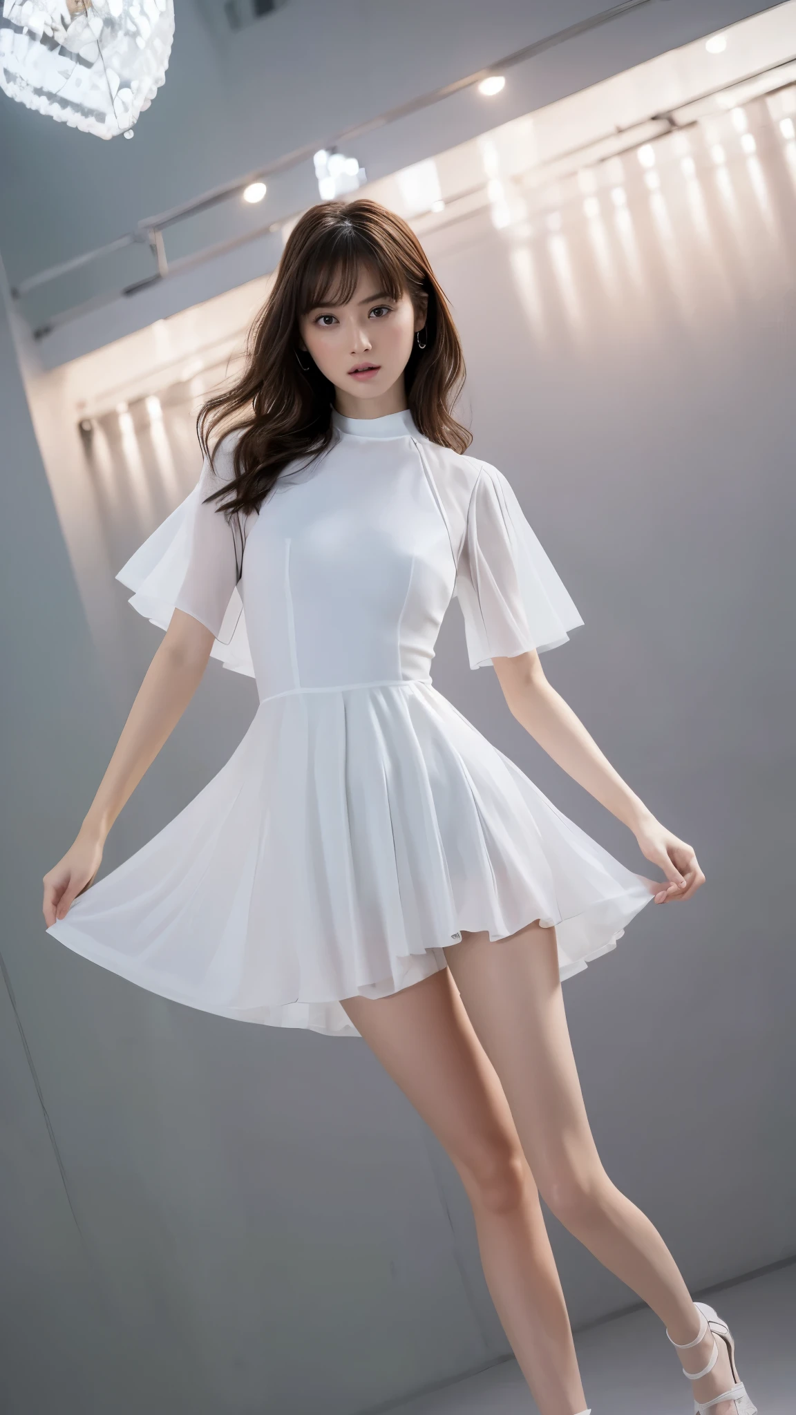 Highest quality,masterpiece,Ultra-high resolution,(Actual:1.4),Original photo,Ultra-high resolution，8K，There are also women，Fair skin、Transparent short-sleeved one-piece white dress ,long length skirts.
Long legs:1.5，Bright and beautiful，high waist，Flashy makeup，Gray background，