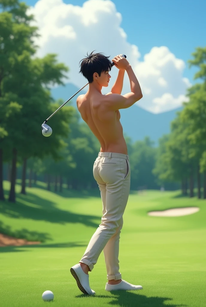 Real photo style、Realistic、Cute handsome man、Idol face、、Japanese、Slim body、Mash Hair、Completely naked、Full nudity、Back view of a man playing golf on the golf course