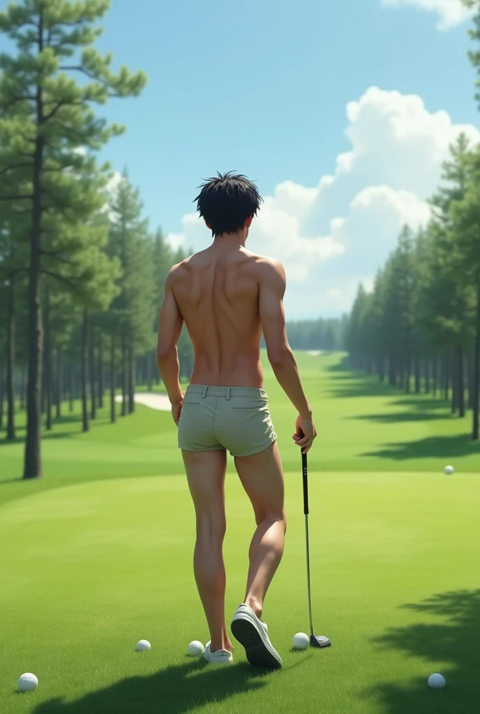 Real photo style、Realistic、Cute handsome man、Idol face、、Japanese、Slim body、Mash Hair、Completely naked、Full nudity、Back view of a man playing golf on the golf course