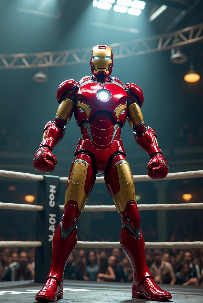 a boxing ring, Iron man, wearing red boxing gloves