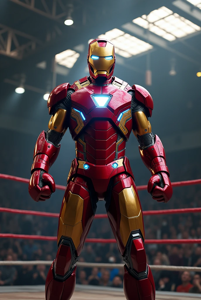 a boxing ring, Iron man, wearing red boxing gloves