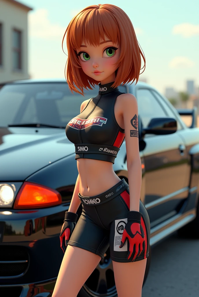 You can create an image of a skinny, white-skinned, green-eyed girl with orange-brown hair posing for a photo outside next to a black Nissan Skyline GTR R32 car with red headlights., Please make the image animated , and the girl has racing sportswear remember the girl is 2
