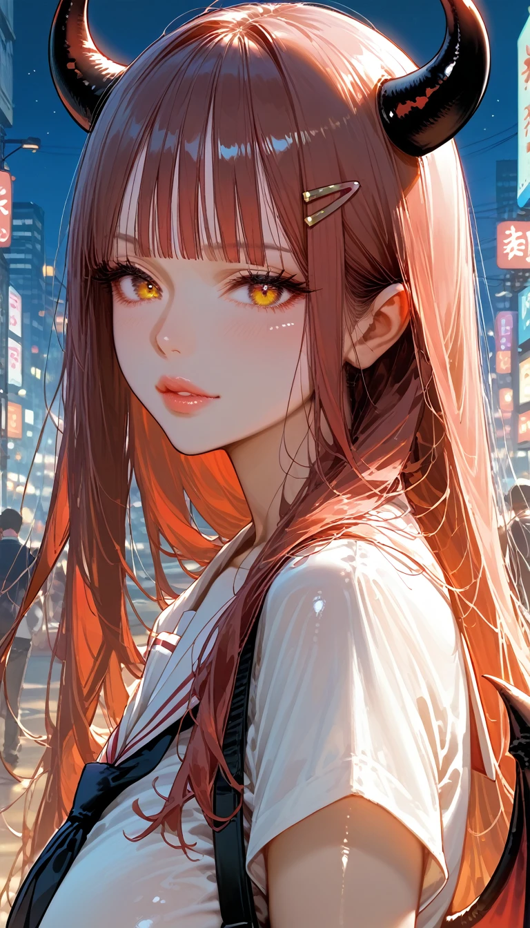 score_9, score_8_up,score_7_up,masterpiece, best quality, perfect anatomy, very aesthetic, official art, 8k,source_anime,2D,1girl,shiny skin ,gleaming skin,seductive face,eyelashes,lips gloss,demon_girl,majestic wings,demon_wings,devil horns,(huge_breasts:1.2),black long hair,blunt bangs,hairclip,school uniform, short sleeve shirt ,standing,from side,night Tokyo,neon light
