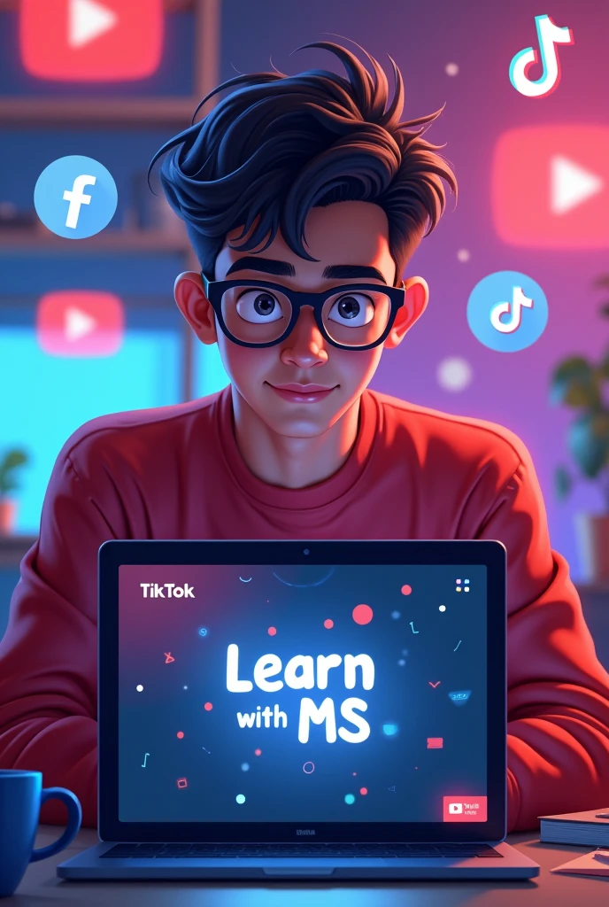"A digital illustration of a 20-year-old young man with short hair, wearing glasses and a red sweater, sitting at a desk with a laptop facing forward. The young man is looking directly ahead with a focused expression. The background features a blend of colors to create a vibrant and modern look. It includes the logos of YouTube, TikTok, and Facebook scattered throughout. On the screen of the laptop, the text 'Learn with MS' is prominently displayed with a small YouTube logo next to it. The young man and the laptop are facing forward, creating a clear and engaging visual focused on 'Learn with MS' content."