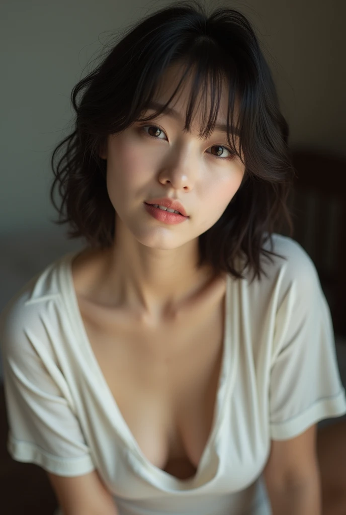 (Highest quality, 8k, 32K, masterpiece, Ultra-high resolution:1.2), Beautiful Japanese Women Photo, Short straight hair, natural beauty, (Leaning forward:1.3), (close:1.4), indoors, Look at audience, facial expressions amused, smug; provocative, Loose fitting T-shirt, cleavage, Blurred Background