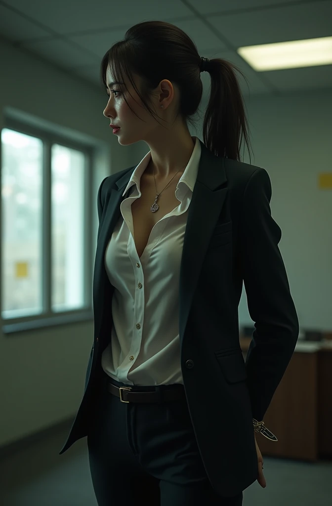 The woman has her hands tied、put your hands behind your back、(((I clasped my hands behind my back)))、a woman in a suit, belt, hands behind back, sweating, suspenders, black pants, sexly, large breasts, see-through clothing,, detective, office worker, white button-up shirt, (best quality,4K,8k,highres,masterpiece:1.2),ultra-detailed,(realistic,photorealistic,photo-realistic:1.37),hyper-detailed,highly detailed face and body, Slender thin suspenders Moderate breasts See-through shirt Nipples holster chain Pistol Armament criminal Female criminal knife japanese profile Japanese women arrested handcuff Cable tie on thumb Constraints