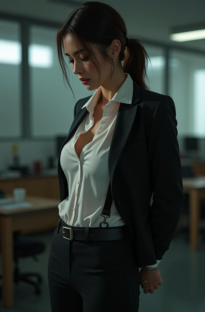 The woman has her hands tied、put your hands behind your back、(((I clasped my hands behind my back)))、a woman in a suit, belt, hands behind back, sweating, suspenders, black pants, sexly, large breasts, see-through clothing,, detective, office worker, white button-up shirt, (best quality,4K,8k,highres,masterpiece:1.2),ultra-detailed,(realistic,photorealistic,photo-realistic:1.37),hyper-detailed,highly detailed face and body, Slender thin suspenders Moderate breasts See-through shirt Nipples holster chain Pistol Armament criminal Female criminal knife japanese profile Japanese women arrested handcuff Cable tie on thumb Constraints